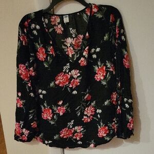 Old Navy Black Floral Blouse with Pink Accents XL